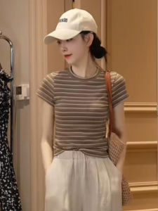 Summer Short Sleeve T-Shirt Womens Slim Fit Striped Top Color Block Shoulder Line Korean Style Casual Commute Fashion