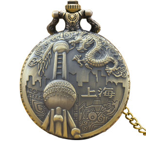 Vintage Bronze Steampunk Shanghai Attractions Carved Quartz Pocket Watch Necklace Pendant Clock Chain Men Women Chain Gift
