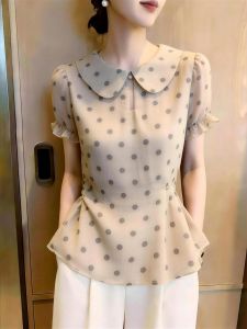 KUNAILIN | Korean French Dots Peter Pan Collar Waist-cinching Blouse