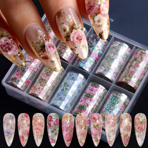 10pcs Vintage Blending Spring Flowers Nail Art Foil Transfer Stickers Rose Design Transfer Sticker Foil for Nails Nail Art