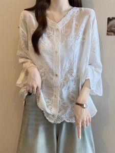AIYITI | French Lace Hollow Embroidery V-neck Long Sleeve Shirt Early Autumn 2025 New Plus Size Womens Sun Protection Top