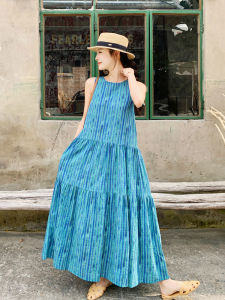 Loose Wide Leg Dyed Stripe Long Dress Summer New Gentle Hepburn Style Sleeveless Womens Dress Korean Style A-Line Skirt