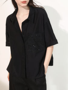 Miccbeirn | Elegant Silk Cotton Short Sleeve Embroidered Shirt Glowing Sequin Lazy Artistic Skin-friendly Commute Top Polo Collar Button Down