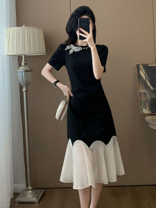 SUYE | Elegant French Style Waist-Slimming Black Mesh Dress