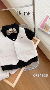 Set bộ bé trai áo sơ mi tay ngắn màu đen phối gi le rời quần short kèm nơ cổ 1 đến 7T BERNIE 0724B26
