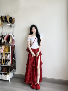 Retro Floral Asymmetrical Hem Half Skirt Womens Summer Split Red Midi Fish Tail Skirt Korean Style High Waist Novelty Polyester