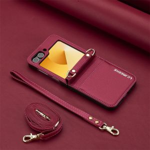 Wallet Crossbody Phone Case For Samsung Galaxy Z Flip 7 FE 6 5 4 3 Flip6 Flip7 5G with Card Holder Wrist Strap Lanyard Leather