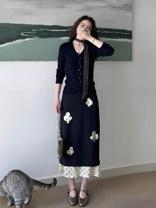 XUECAIQI | Elegant Faux-layered Dotted Knitted Top Skirt Set