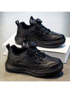 Boys Black Leather Sport Shoes Anti-slip Middle Large Childrens Footwear Spring Autumn New Style Casual round Toe Soft Surface