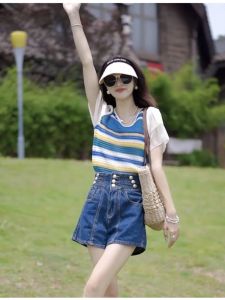 Contrast Color Stripes Patchwork Lace Knitting T-Shirt Womens Summer Wear New Arrival K-style Loose Fashion Hollowed-out Design Blouse