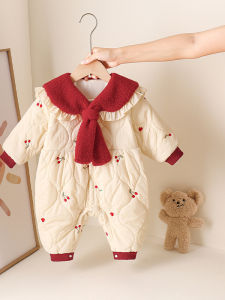 Warm Fleece Lined Cotton Romper Baby Girl Outfit Autumn Winter Full Moon Hundred Days Coat High Waist Long Pants Polyester Fiber