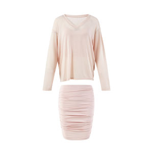 Pink Silk-like Anti-UV V-Neck Cover-shirt & Puff Ruffled Skirt Suit