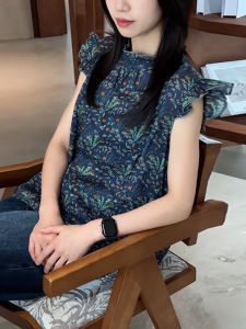 UYFY | Blue Floral Print Sleeveless Shirt Womens Loose Fit Summer New Style High Waist Vintage Commute Long Pants Floral Lace Trim Top