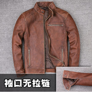 Special Offer Top Layer Cowhide Leather Leather Jacket Men Casual Stand Collar Retro Distressed Leather Jacket Short Silm Leather Coat