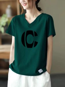 Export Export Big Sale Pure Cotton Loose Short Sleeve New Arrival T-shirt Female Summer Print V-neck Base Tops Tide