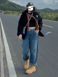 High Waist Wide Leg Jeans Womens plus Size Loose Fit Slimming Denim Pants Casual Style Half Elastic Waist Casual Jeans