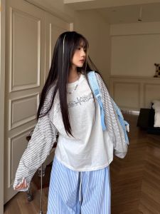 Áo Thun Dài Tay Mỏng Mùa Hè Chống Nắng Sọc Màu Khối Phong Cách Retro Mỹ Dành Cho Nữ Y2K Áo Thun Cotton Polyester Thường Ngày