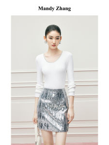 Studded Round Neck Versatile Autumn Slim Fit White Sweater