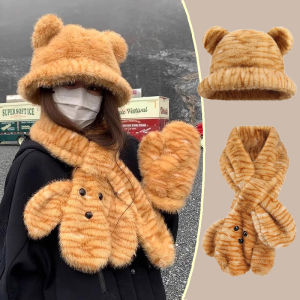 หมวกกำมะหยี่น่ารักของผู้หญิงหมวกรักษาความอบอุ่นผ้าพันคอป้องกันคอเครื่องป้องกันหูการ์ตูนเสือดาวหมวกผ้าพันคอกำมะหยี่เด็กผู้หญิงหมวกของขวัญฤดูหนาว