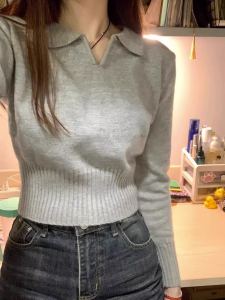 Autumn Winter Womens Soft Gentle Grey Knitted Sweater Warm Thickened Short Sleeve Polo Collar Polyester Fiber Inner Top