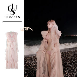 ชุดว่ายน้ำบิกินี่ชุดสวมใส่ชายหาดดันเซ็กซี่สำหรับผู้หญิง3ชิ้นสไตล์ใหม่พร้อมผ้าคลุมยาวคอวีแขนยาวเอวสูงแฟชั่นน่ารักยืดได้