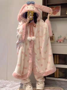 Meleti Coral Fleece Womens Robe Winter Thickened Warmth Home Clothes Long Cartoon Pattern Embroidered Polyester Fiber