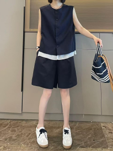Shalldoer | Casual College Style Womens Two-Piece Set Summer High-End Patchwork Vest Shorts Ensemble Round Neck Button-Up Short Sleeve