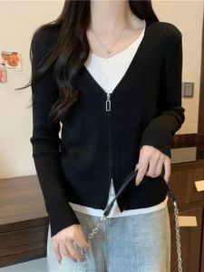 plus Size Womens Knitted Open Cardigan Spring 2023 Fashion Design Base Shirt Inner Wear Korean Style Regular Fit Long Sleeve V Neck