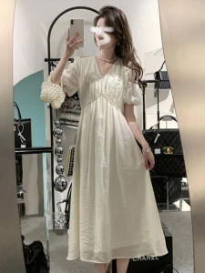 Sweet French Style plus Size Dress Womens Summer New High Waist Slim V-Neck Bubble Sleeve Long Dress Elegant Ladylike Gored Skirt