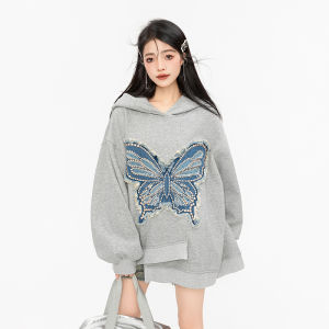 KEIKO | Đồ Ngoài Hoodie Đen Xám Không Đối Xứng Kích Cỡ Lớn Thêu Bướm