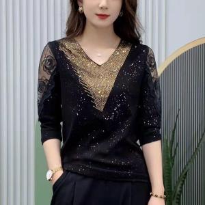 Spring Autumn Womens Clothing Office Lady Fashion New Solid Color V-neck Patchwork Lace Rhinestones Black Skinny T-shirts Elegant Wild Tops