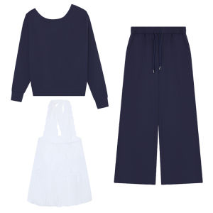 ชุดสามชิ้นแฟชั่นลำลองผู้หญิง ชุดสเวตเตอร์คอวีลูกไม้ ชุดกระโปรงขากว้างเอวสูง ชุดฤดูใบไม้ร่วงและฤดูหนาว ชุดลำลอง