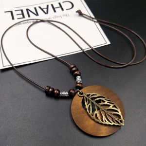 Retro Cotton Linen Wooden Alloy Leaf Long Necklace Womens Sweater Chain Ethnic Style Cross-Border New Fashion Jewelry