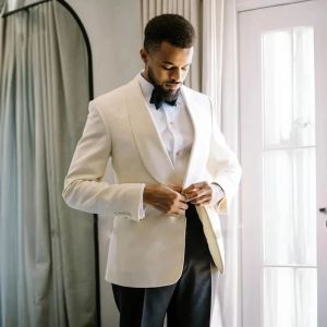 Bộ Vest Cưới Nam 2 Mảnh Áo Khoác Trắng Quần Đen Ve Áo Shawl Kiểu Dáng Ôm Body Trang Phục Công Sở Dành Cho Tiệc Chiêu Đãi