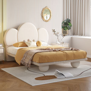 French Cream Style Petal Childrens Bed Modern Simple Soft Bag Leather Bed Small Apartment Light Luxury Princess Bed 1.5M Bedroom