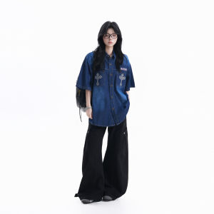 zuocisankon | Áo Sơ Mi Denim Tay Ngắn Vintage Đính Nút Nữ