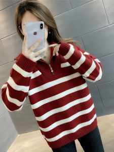 เสื้อสเวตเตอร์คอปกตั้งสีแดงมีซิปครึ่งตัว แฟชั่นฤดูใบไม้ร่วง/ฤดูหนาว เสื้อเชิ้ตพื้นฐานลายทาง เสื้อผ้าทำงาน KEQILI
