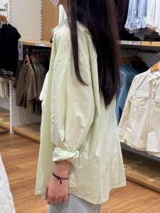 Loose Long Sleeve Cotton Green Shirt Womens Layering Spring Autumn Style Elegant Button Pocket Breathable Casual Outerwear