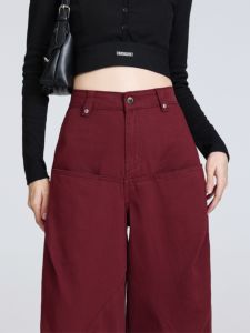 QIAOMIDUO | High Waist Red Denim Pants Womens Autumn Winter Design Sensation Small Audience Ankela Wide Leg Pants European Korean Goods