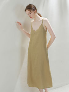 XEXZ | ชุดนอนผู้หญิงคอวีแขนกุดผ้าลินินสไตล์ฝรั่งเศส ชุดนอนฤดูร้อนเซ็กซี่ ชุดนอนผ้าฝ้ายสีขาว ชุดนอนผ้าฝ้ายผสมคอตตอน