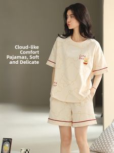miiow | Pure Cotton Summer Thin Short Sleeve Womens Sleepwear Set Cute Cartoon Print Home Clothes MiiOW Brand Round Neck Pajamas