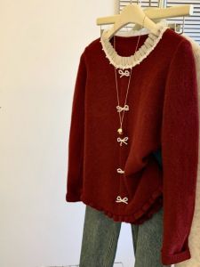 Red Lace Collar Butterfly Knot Christmas Sweater Womens Loose Knitted Shirt Spring Autumn Winter New Year Lazy Small Fragrance Style