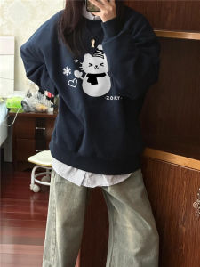 Retro American Snowman Hoodie Womens Autumn Winter Thickened Fleece Loose Trendy round Neck Long Sleeve Top