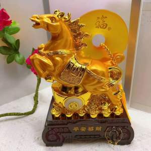 Feng Shui Golden Horse With Jade Peace Buckle Lucky Charm Ornament Decoration