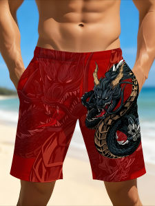 2026 Cool Fashion Trendy 3D Mens Summer Gothic Red Lucky Cloud Dragon Pattern Texture Outdoor Street Wear Pattern Casual Shorts