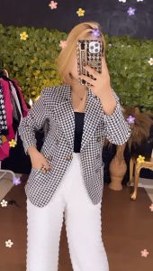 BLAZER HOODSTOOTH SCUBA DAN KATUN PREMIUM / BLAZER KANTOR MOTIF VIRAL / BLAZER WANITA KEKINIAN