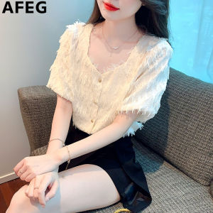 AFEG solid color Korean version V-neck fashion slimming tassel bubble sleeve blouse for women