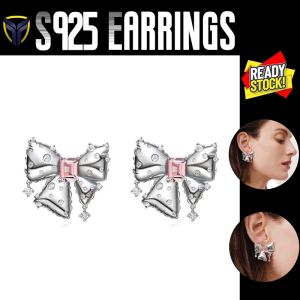 2023 Original Korean S925 Silver Needle Pink Zircon 3D Bow Tie Earrings Luxury Ins Fashion Personalized Trendy Retro Niche Y2K Women Dangle Earrings Accessories Gift