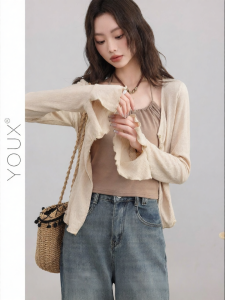 YOUXIANG | Bộ Áo Tank Top và Cardigan Phong Cách Retro Màu Nâu 2 Món