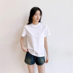 Elegant Pure Cotton Stand Collar Short Sleeve T-Shirt Women Loose Slim round Neck Half Sleeve Shoulder Pure Color Outerwear Base Shirt